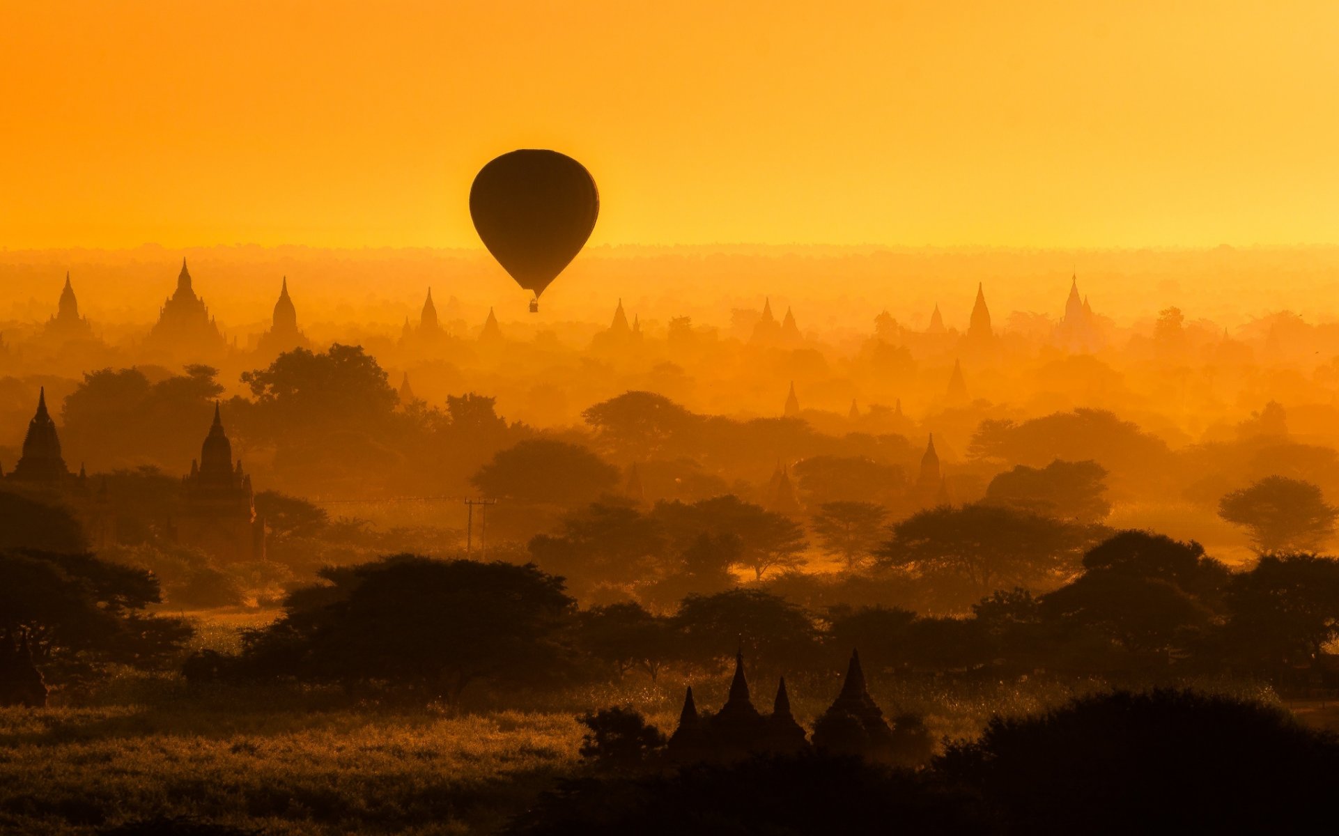 bagan myanmar ballon architektur tempel bäume silhouetten