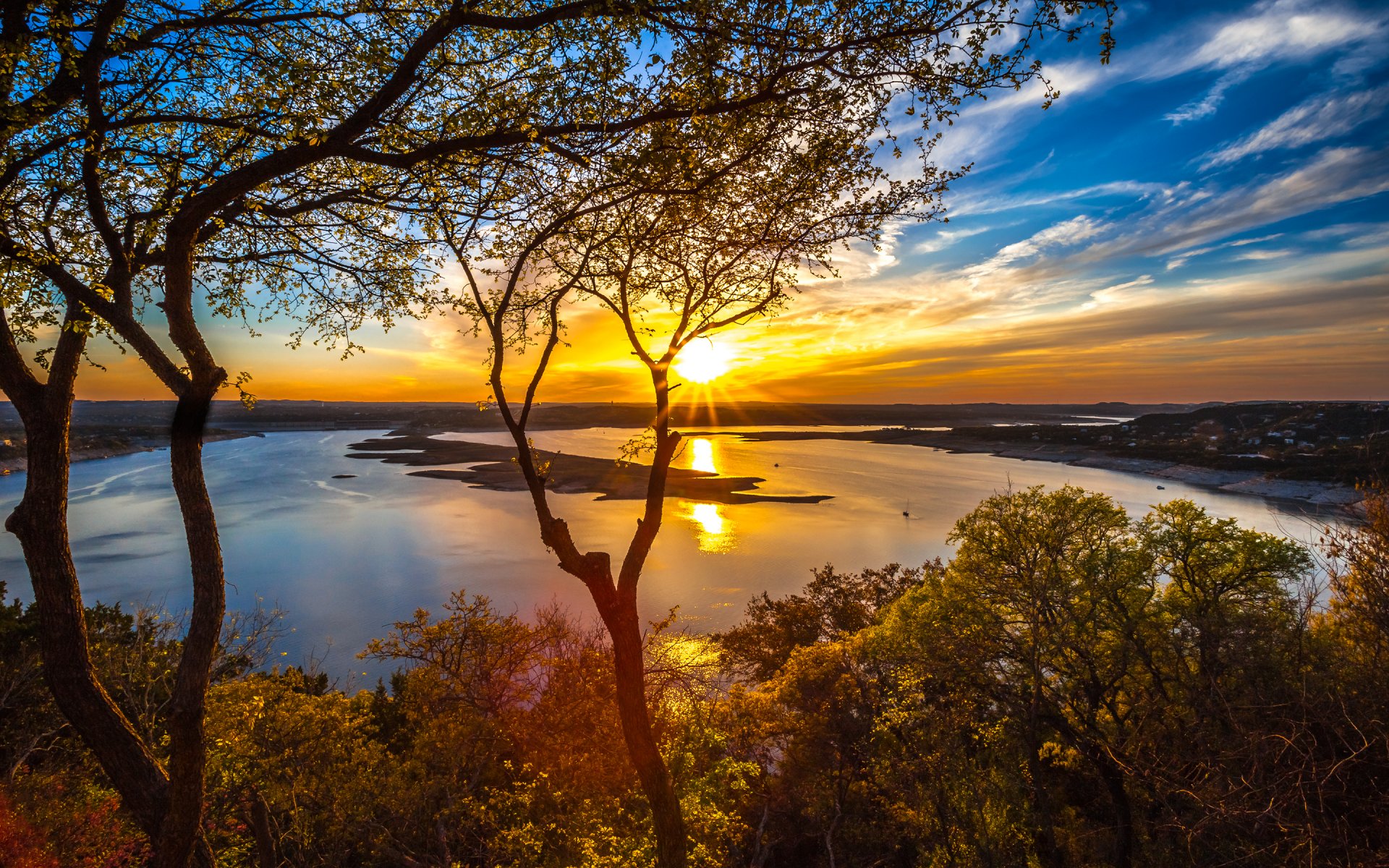 lake travis austin texas united states sky clouds sunset lake sun tree