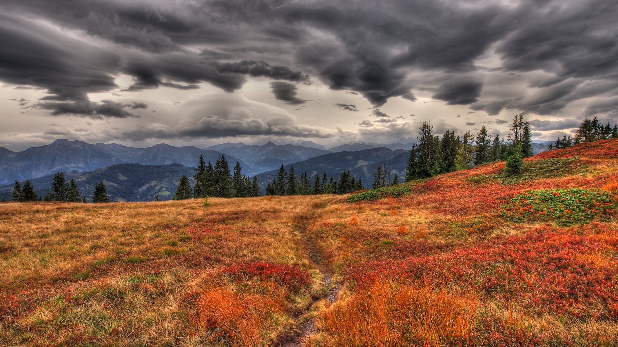 montagnes automne herbe jaune sec sentier sentier passage couvert nuages nuageux