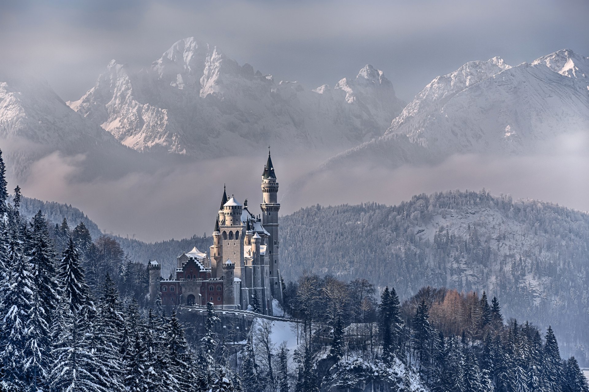 germania baviera castello di neuschwanstein cielo nuvole montagne alberi neve inverno