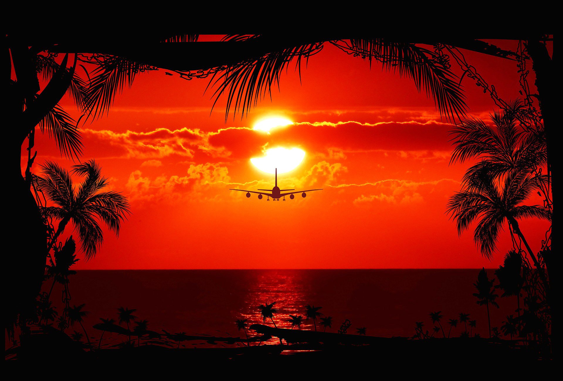 niebo chmury zachód słońca słońce samolot liniowiec morze okno