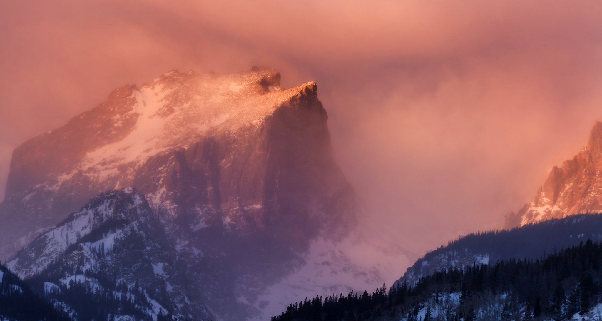 hallet peak parco nazionale delle montagne rocciose montagna neve foschia alba foresta