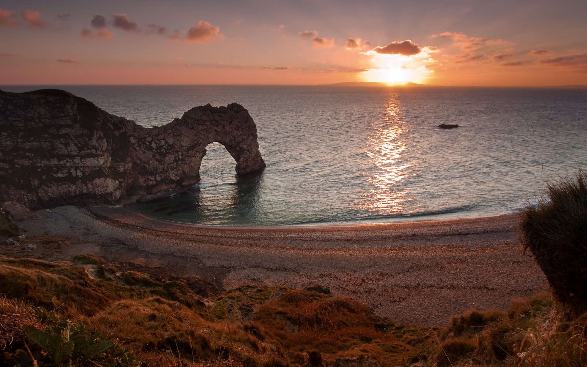 angleterre lulworth ouest coucher de soleil mer roches paysage