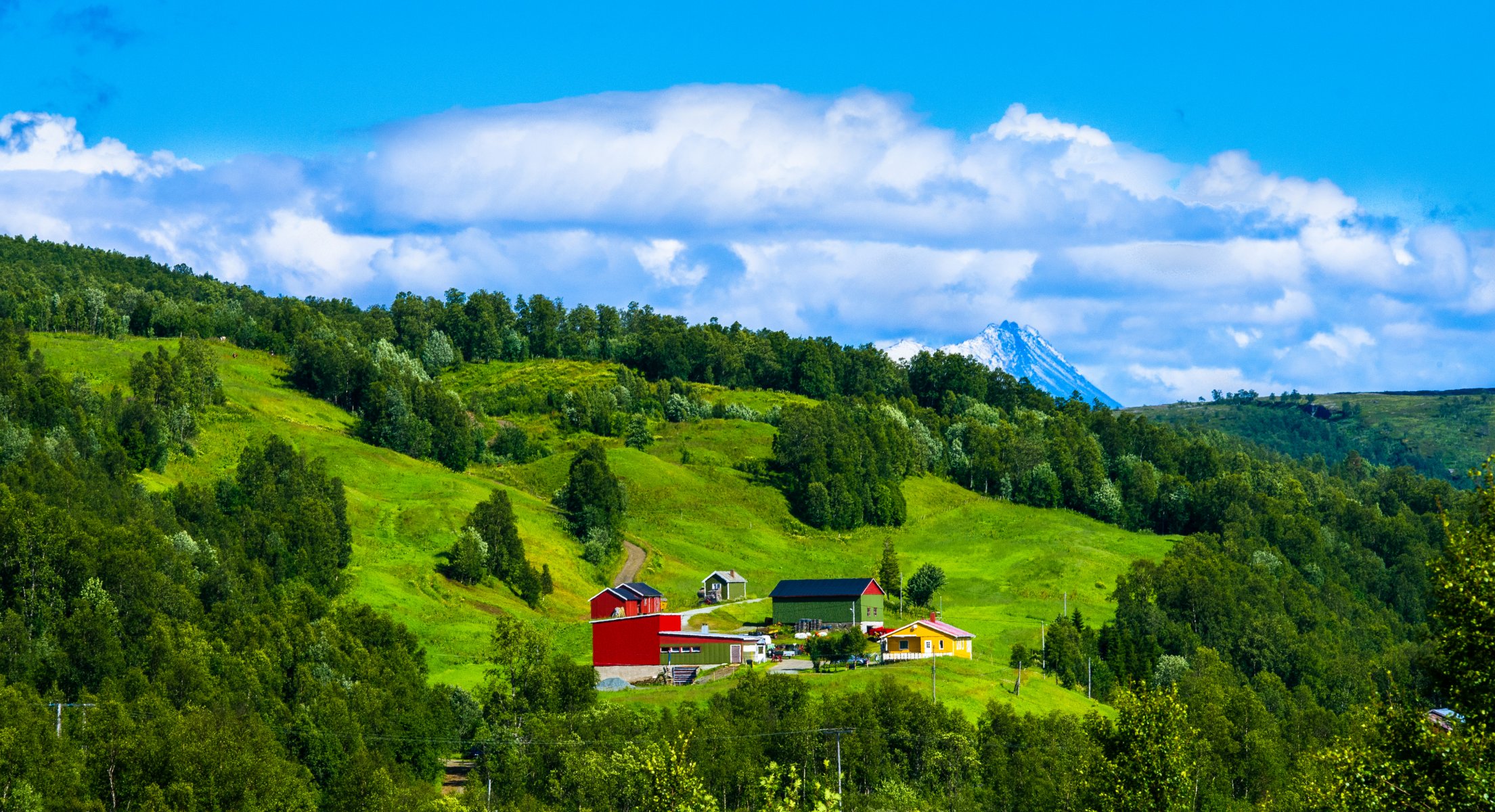 norway mountain house sky clouds tree grass slope