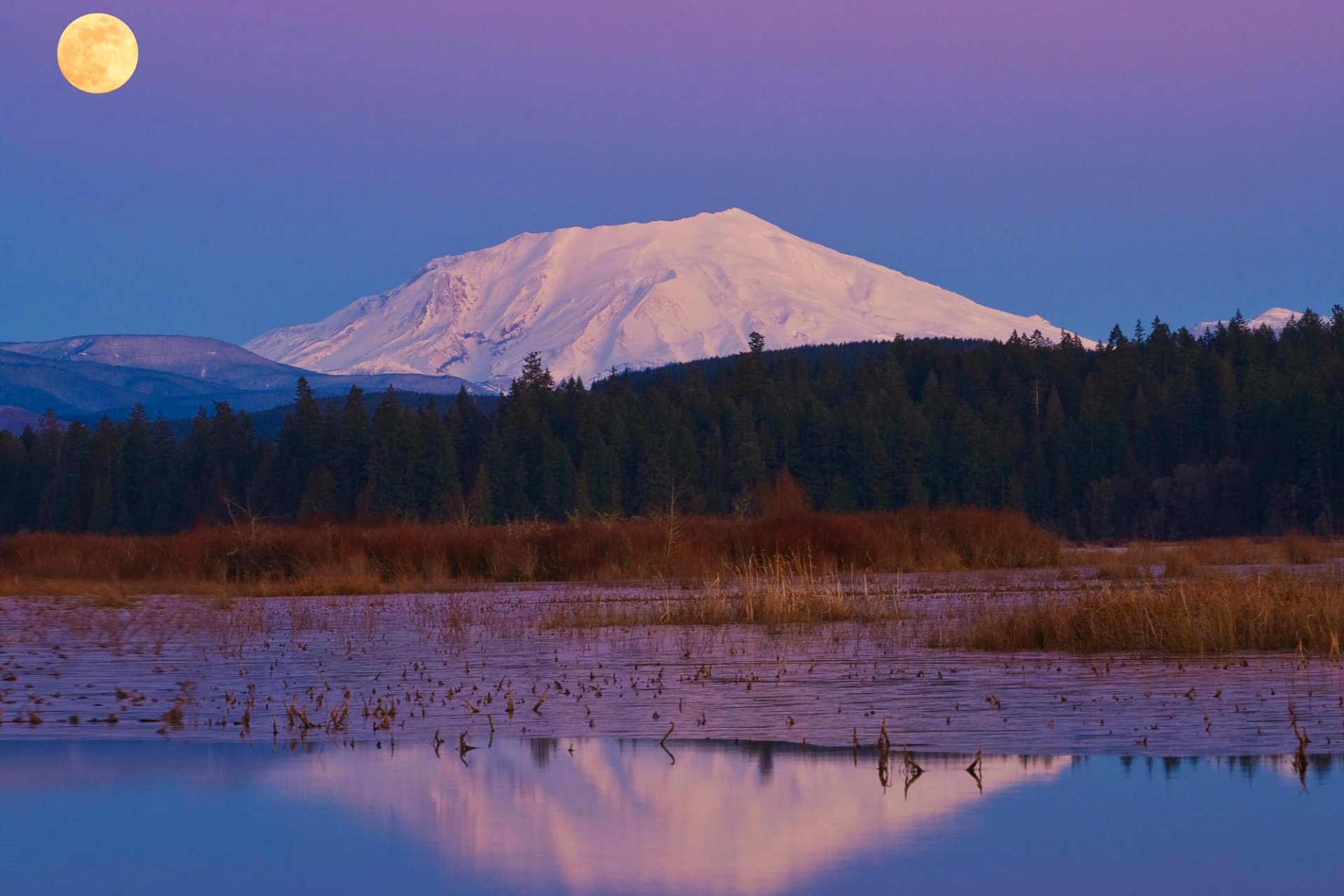 night sky moon full moon mountain snow forest tree river reflection nature