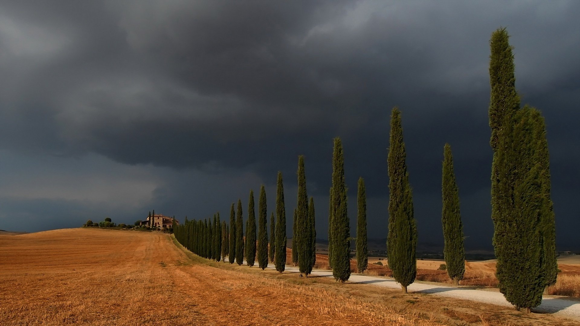 tempête dans val d orcia route arbres ciel paysage