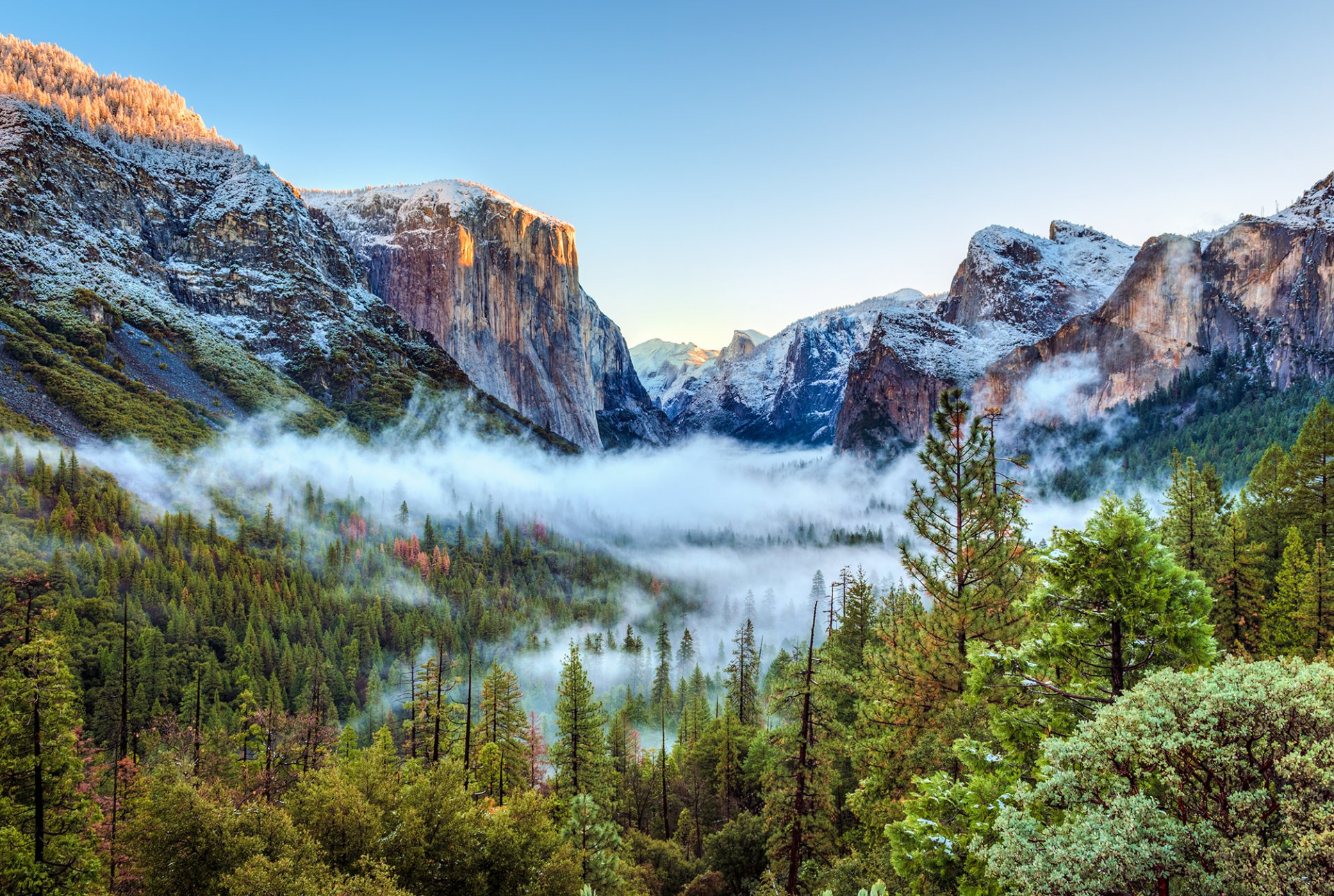 usa yosemite national park kalifornien berge felsen schnee schlucht wald bäume nebel schönheit