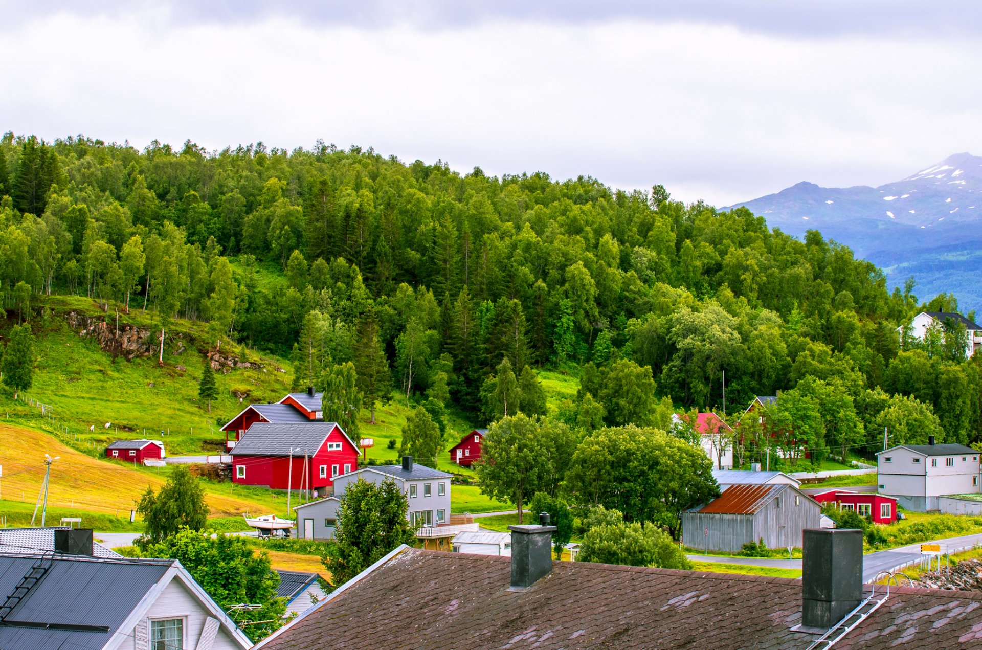 norwegen berge häuser dach himmel wolken bäume gras hang