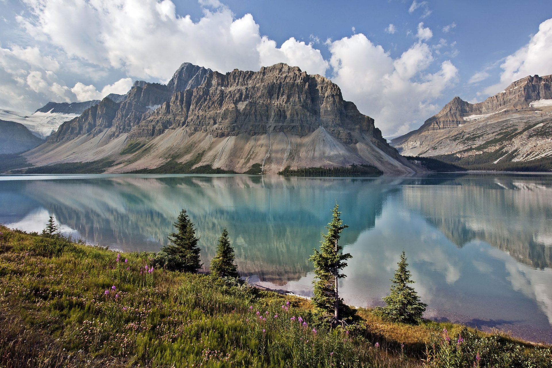 bowe kanada berge see natur himmel wolken bäume gras blumen