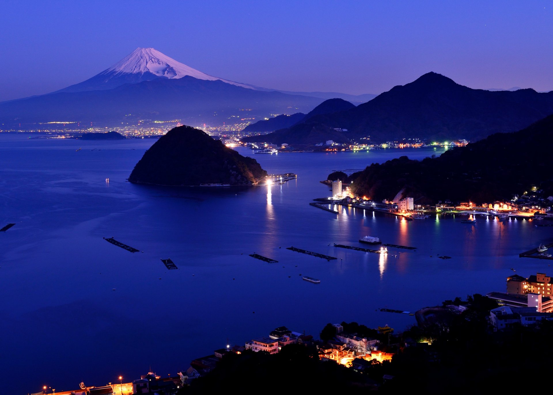 night lights town japan mountain snow fuji