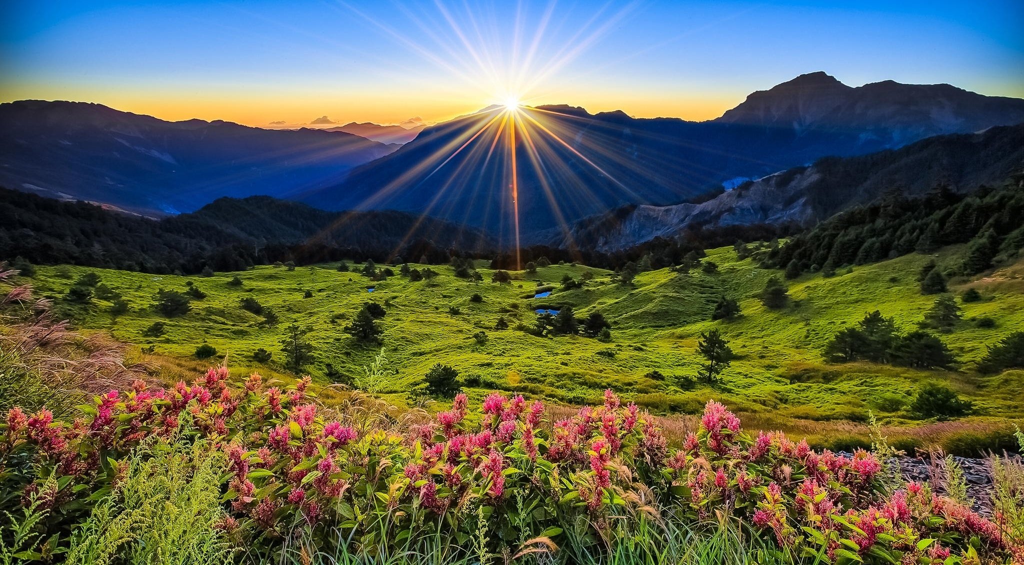 mountain landscape field sun ray