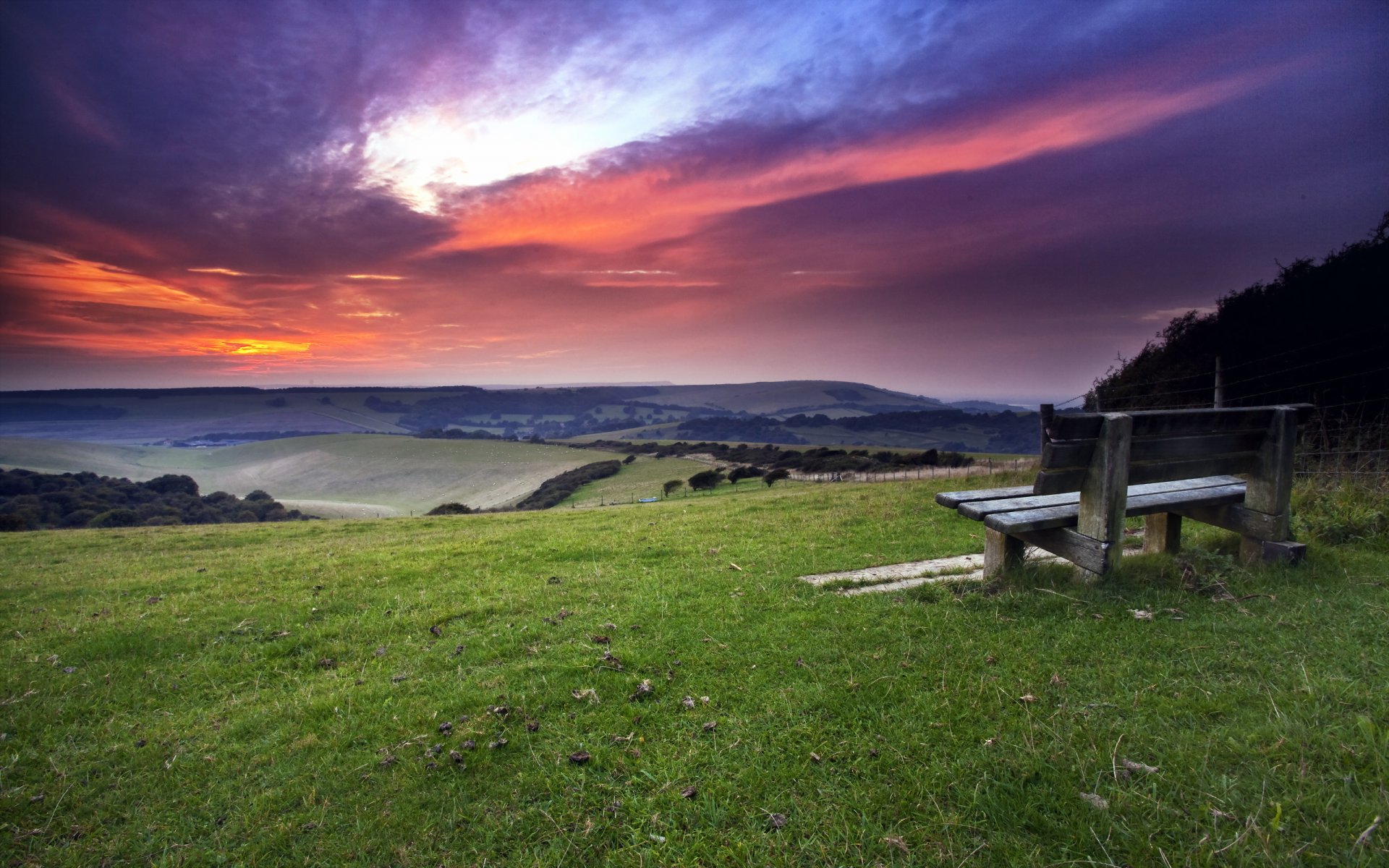 coucher de soleil banc paysage