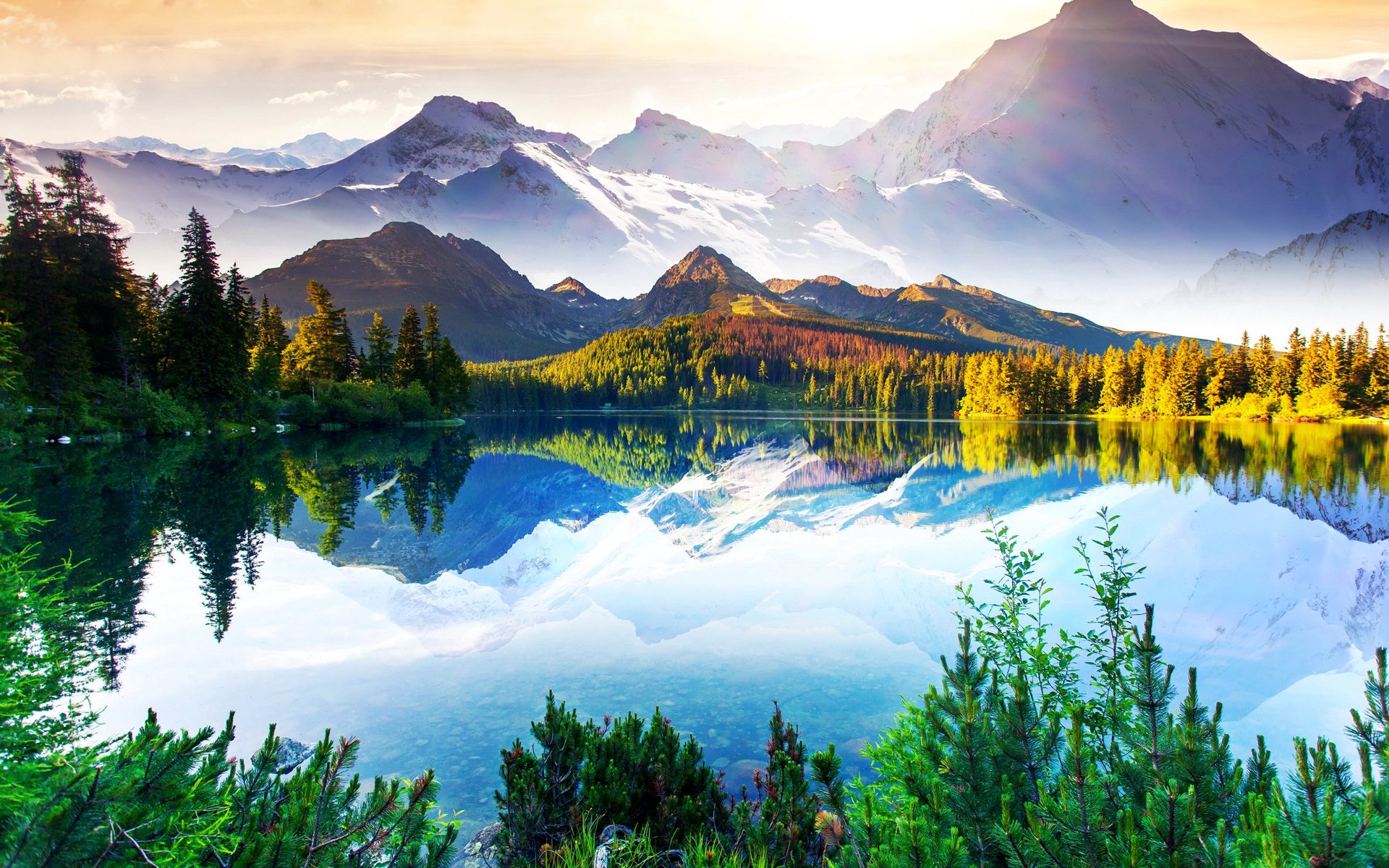 ciel nuages montagnes arbres lac