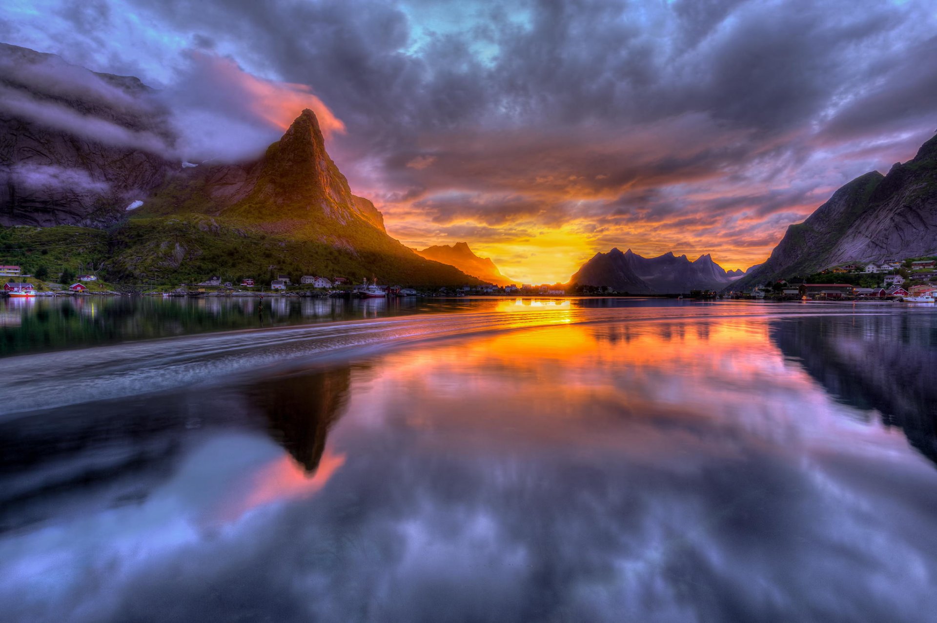 norway sea sunset water waves clouds mountain