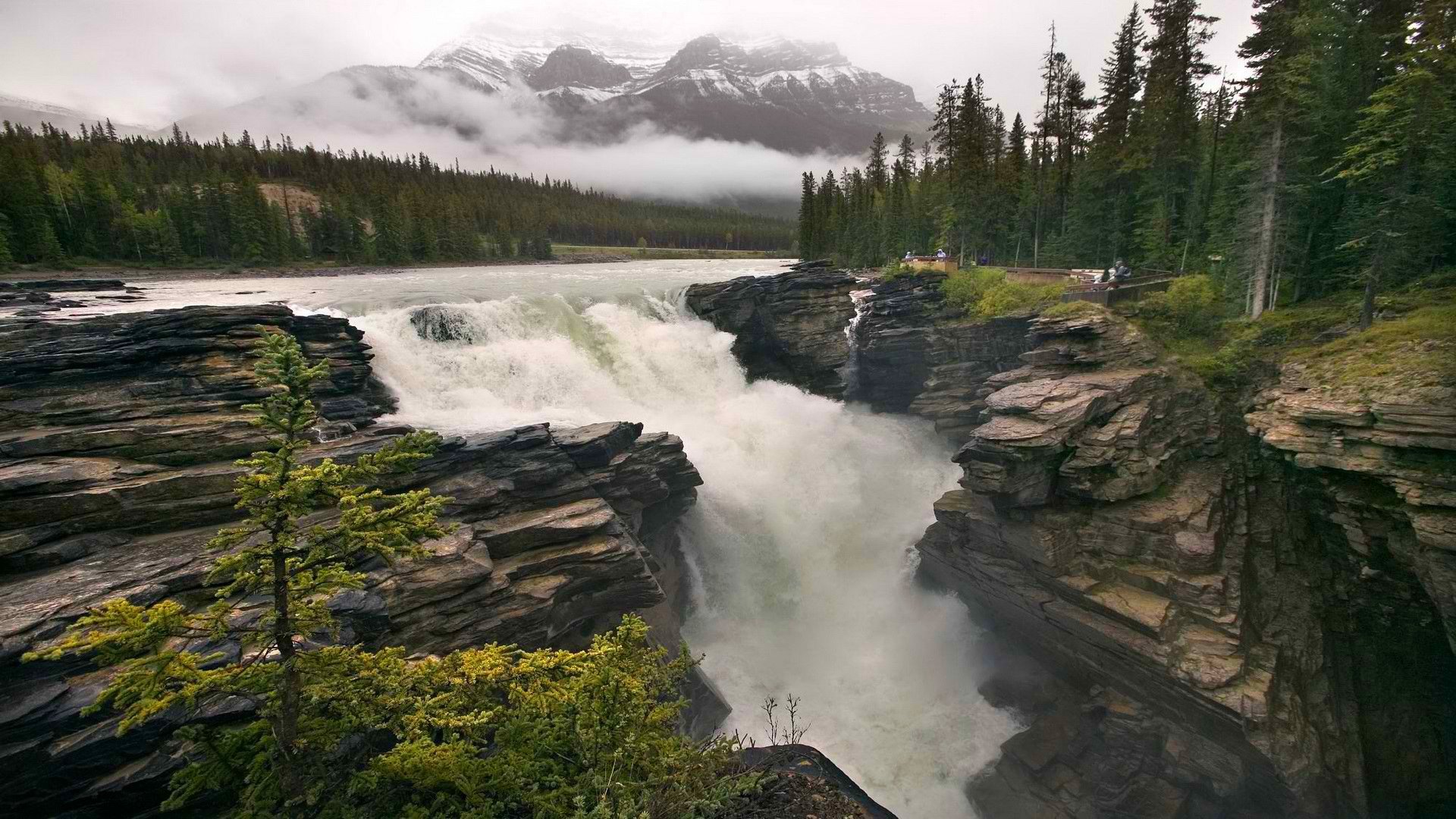 небо облака гора река скалы водопад деревья