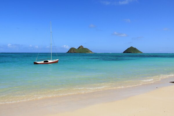 The boat floats on the blue Water Along the shore