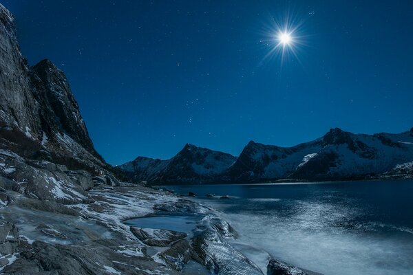 Evening moonlight by the lake with mountains