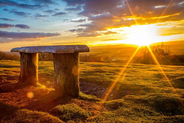 A bench in the middle of a field against the sunset