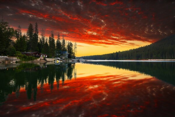 Reflexion des Waldes im Fluss. Schöner Sonnenuntergang. Ungewöhnliche Natur