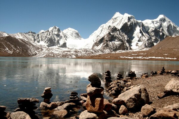 Ein Teich mit großen Steinen am Ufer im Himalaya