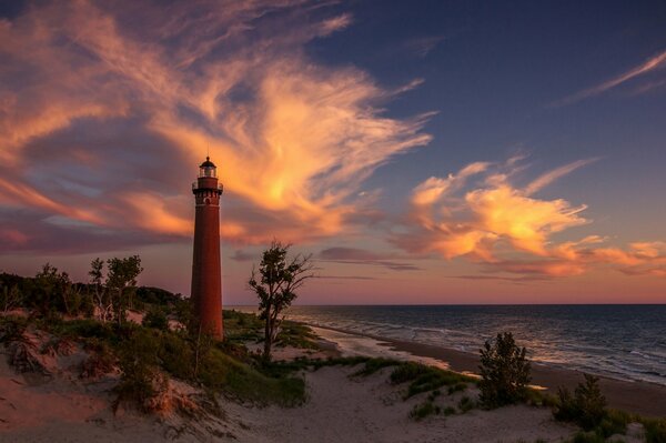Lighthouse on the shore of Lake Michigan