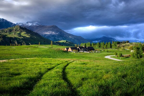 Mountain valley on green meadows