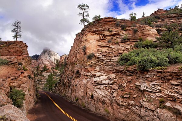 The road through the mountains. Scenic views of Zion National Park
