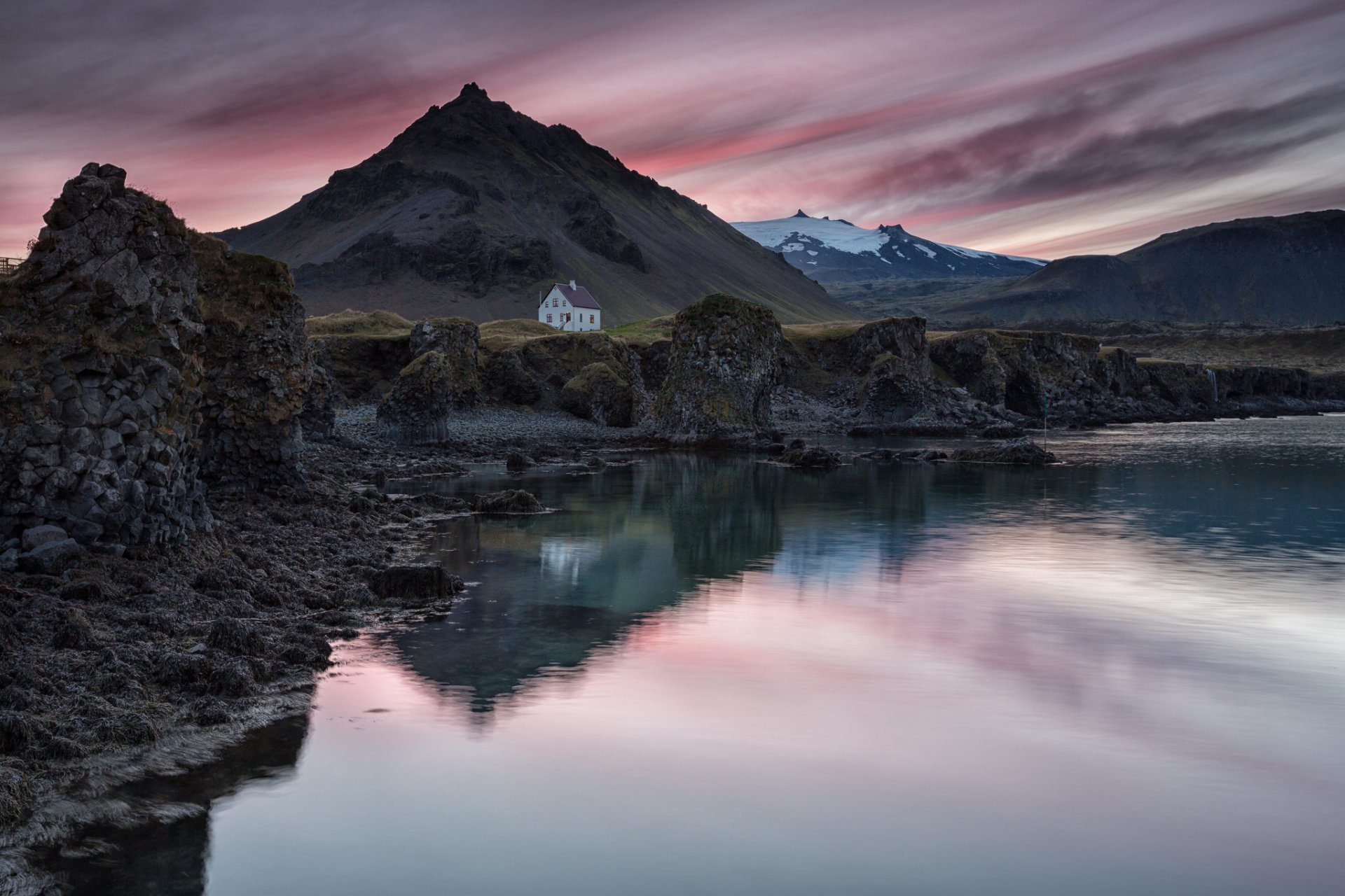 iceland village house mountain lake reflection night sky sunset