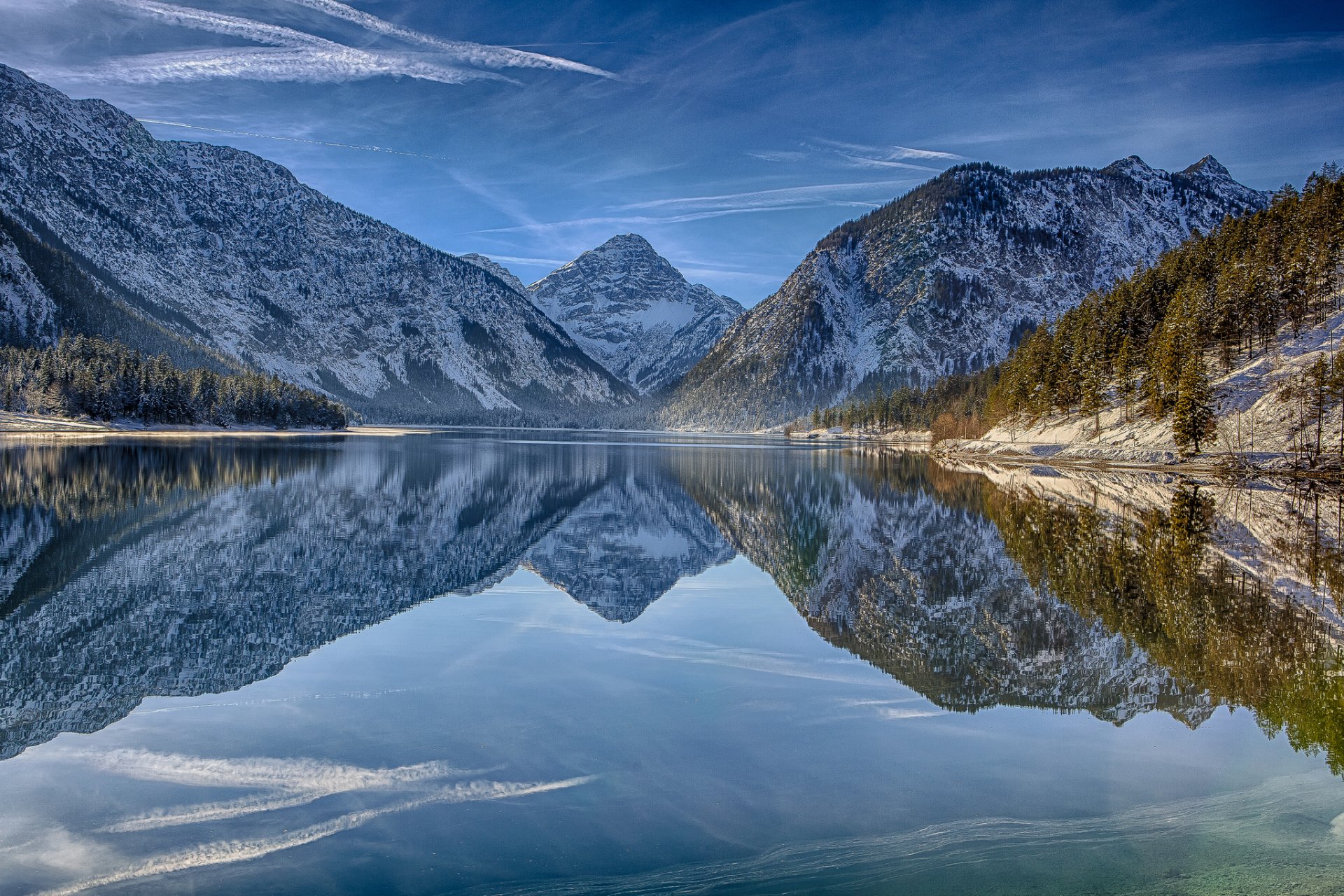 lake plansee tyrol austria alps mountains reflection