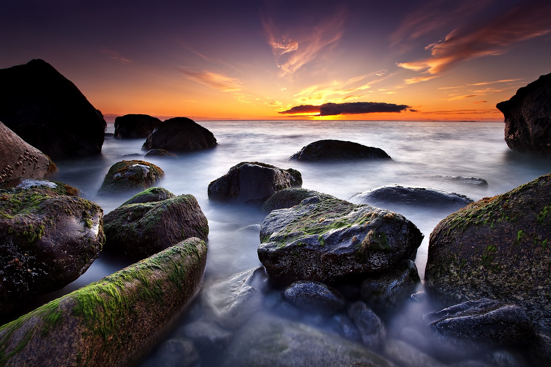 meer steine felsen dämmerung