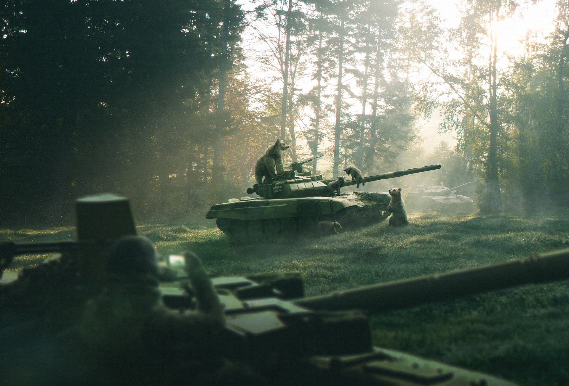 bosque osos tanque mañana bosque de pinos armas naturaleza rusia arte dibujo render