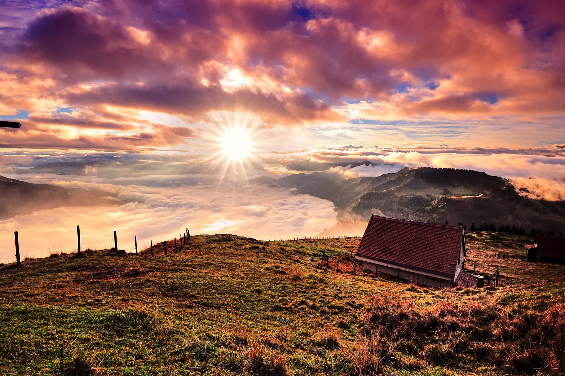 witzerland mountain house clouds sun