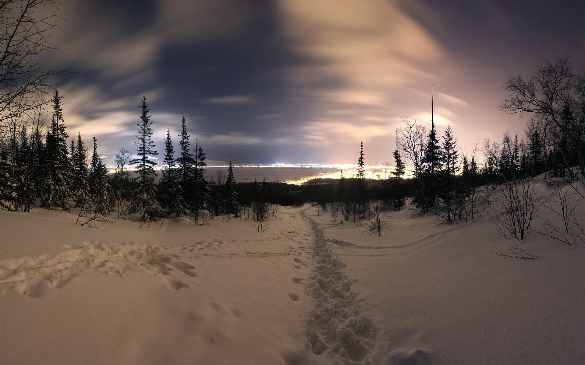 nacht winter schnee stadt landschaft