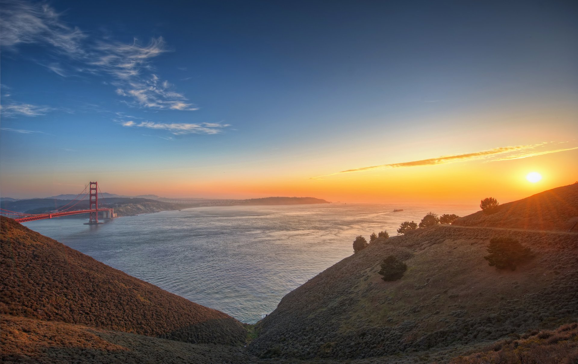 sonnenuntergang berge bucht brücke goldengate