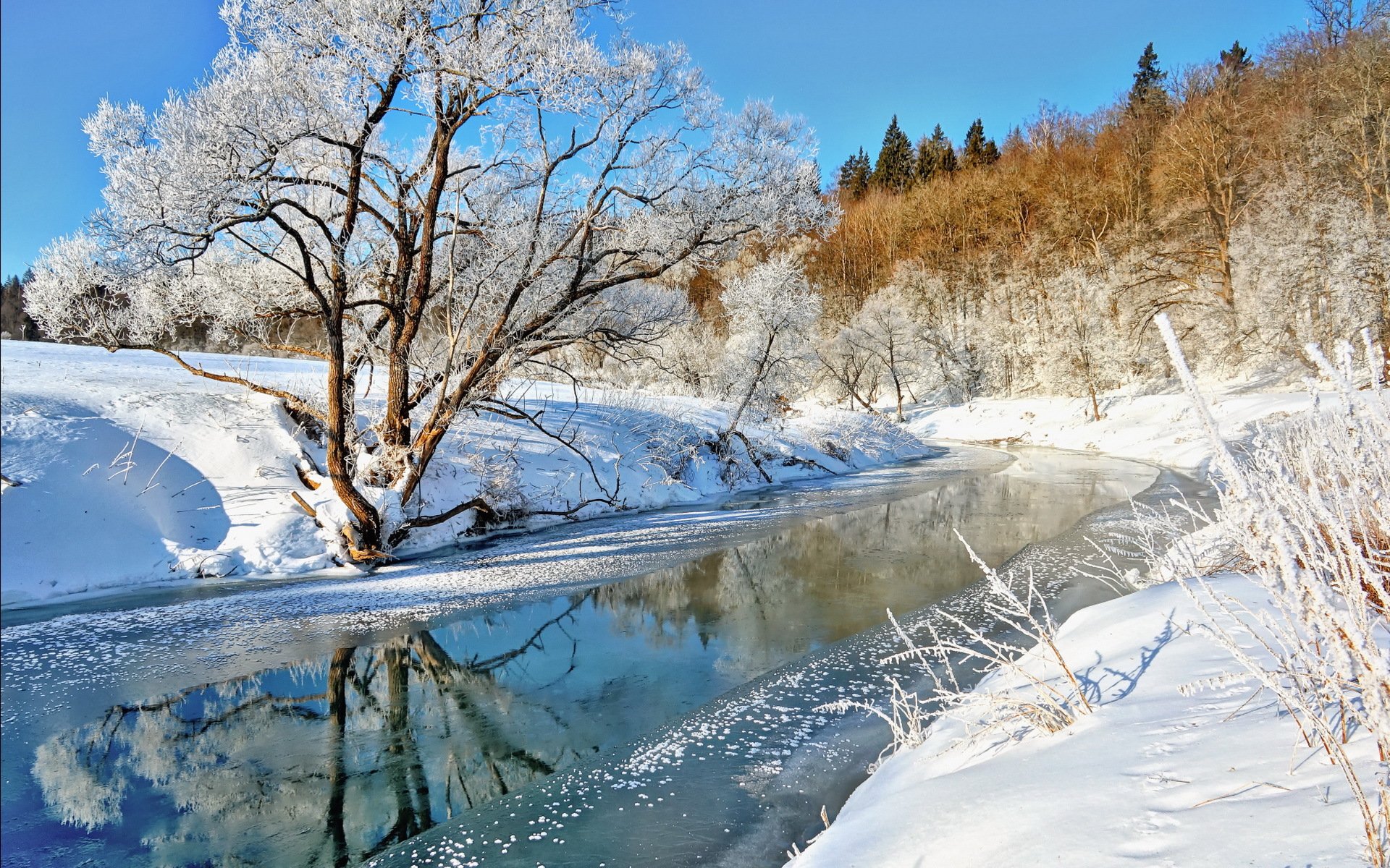 река снег пейзаж