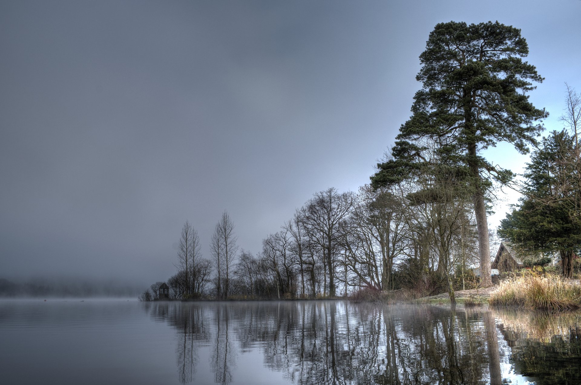 cielo acqua alberi casa nebbia lago fiume