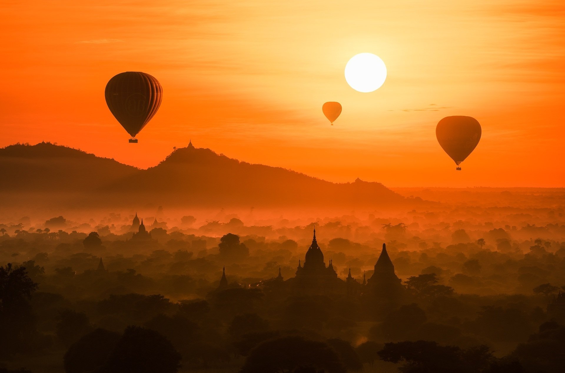 myanmar burma verlorene stadt alt architektur sonnenuntergang wald tempel palast altstadt verlorene stadt bagan nebel ballons sonne flug