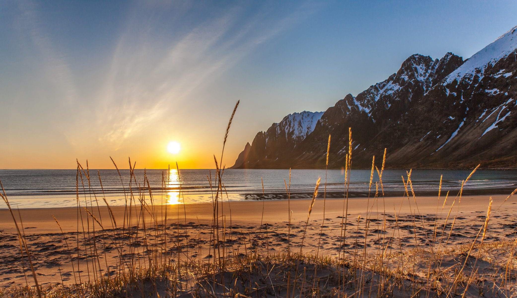 ersfjordbotn senja noruega mar playa arena hierba montañas nieve invierno