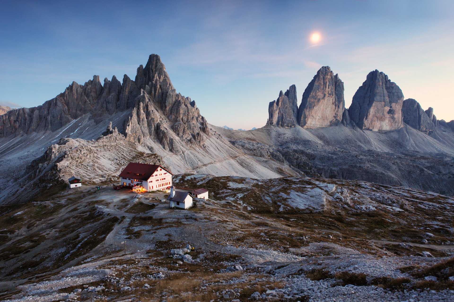 italy dolomites three peaks house mountains snowy land sunset beautiful nature landscape sky dolomites snowy area