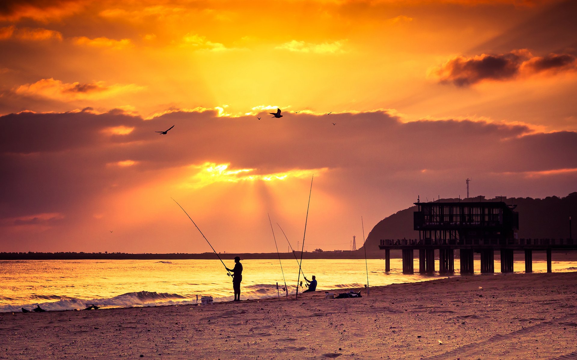 coucher de soleil mer jetée plage pêche