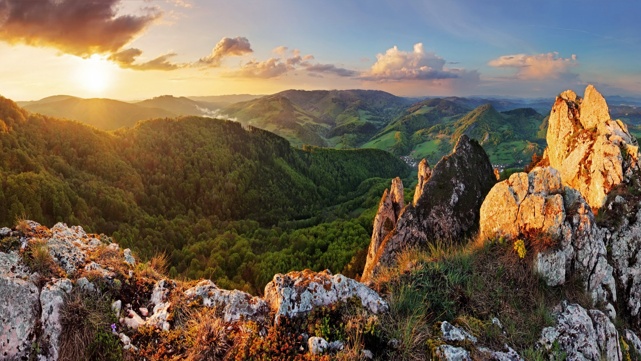 mountain stones forest tree nature sunset sky clouds