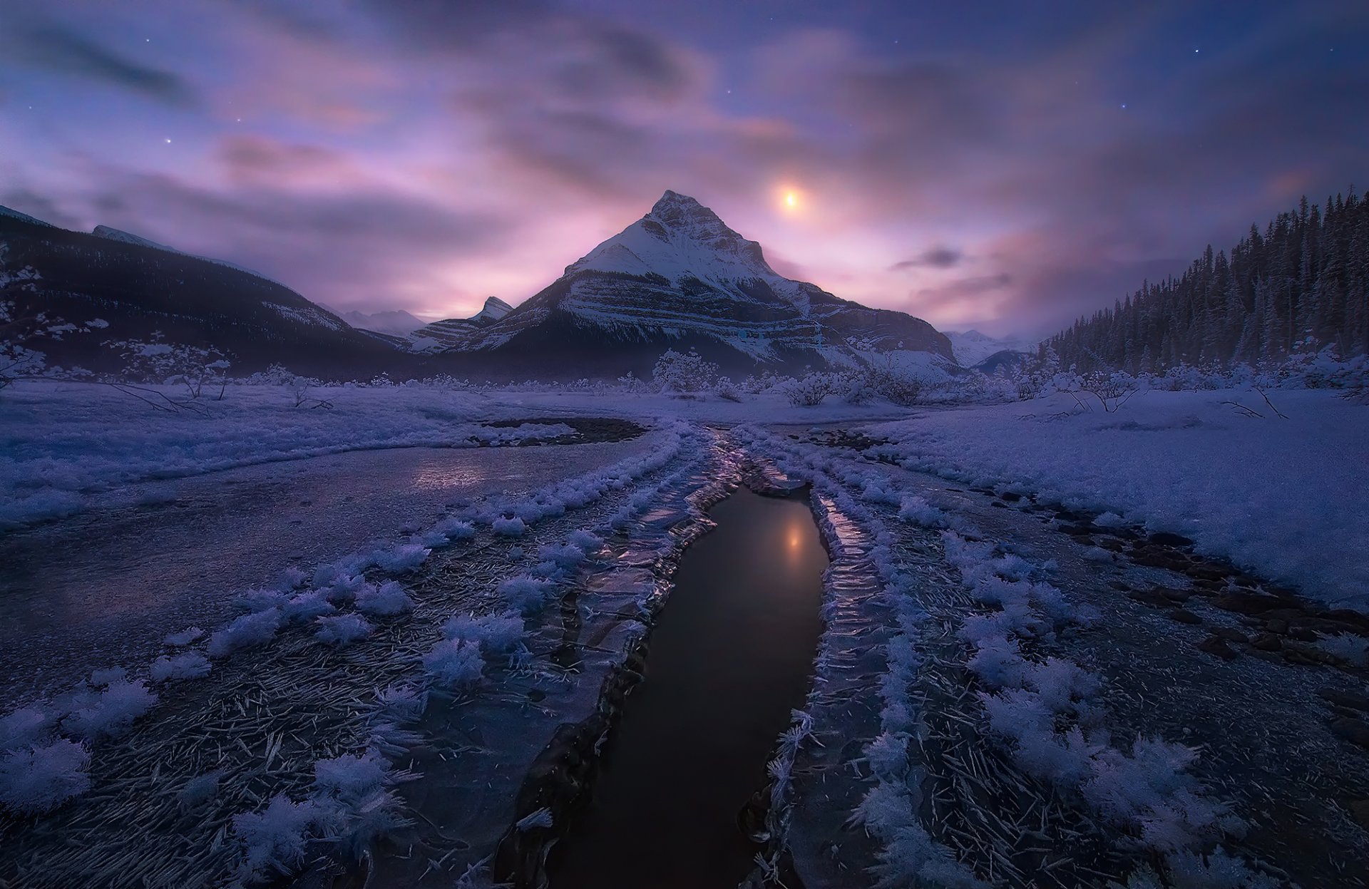 canada alberta parc national de jasper hiver neige montagne nuit clair de lune