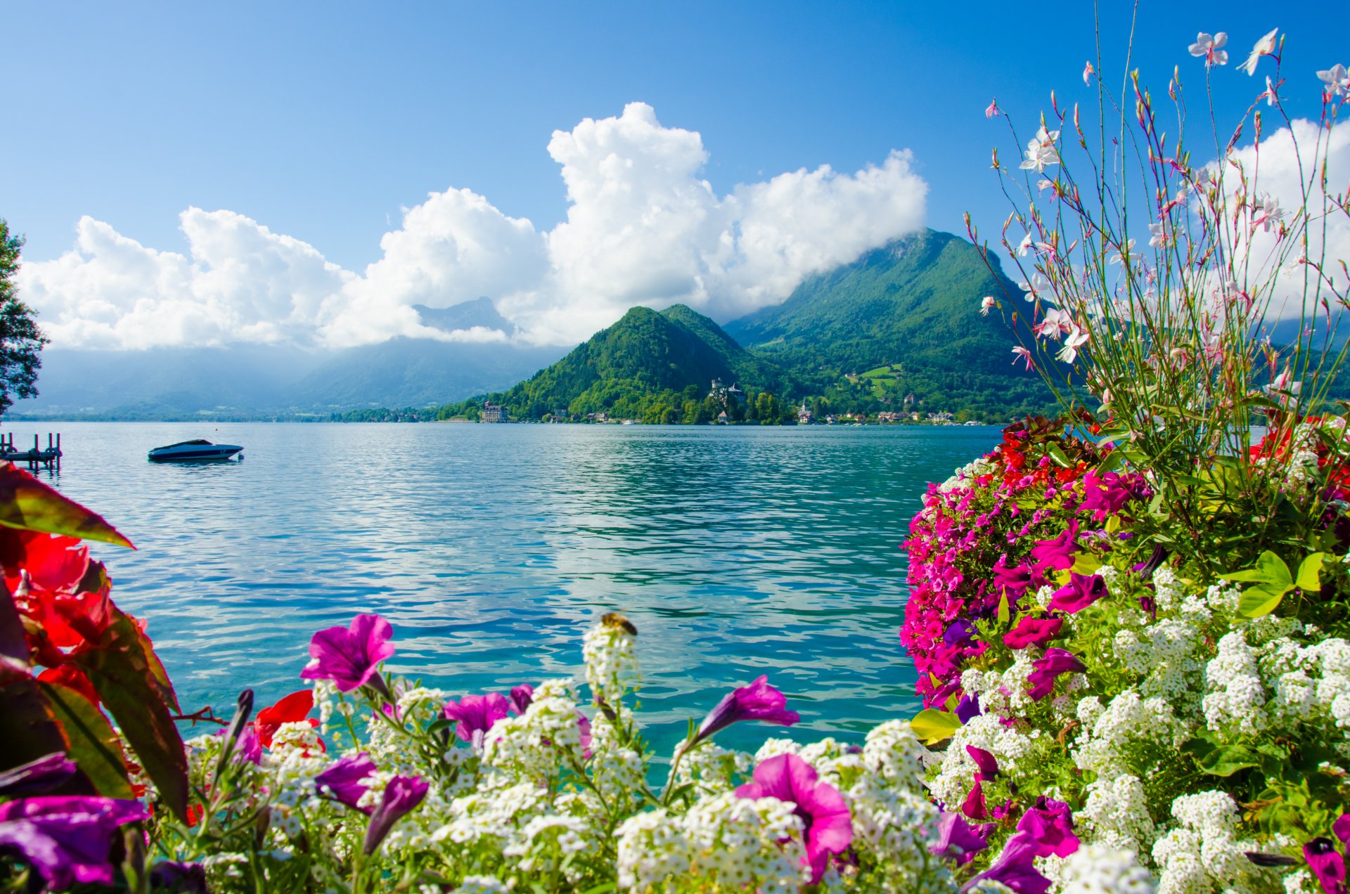 nature ciel nuages montagnes mer bateau fleurs