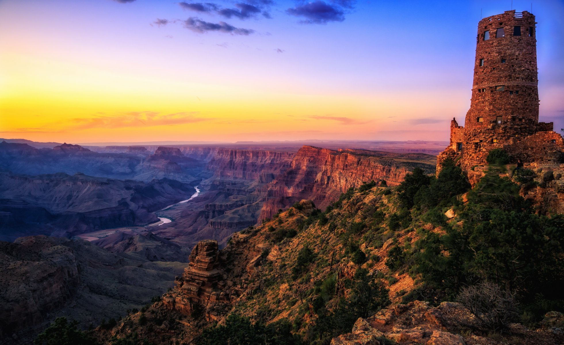 stany zjednoczone arizona park narodowy wielkiego kanionu pustynia rzeka kolorado wieża strażnicza zmierzch