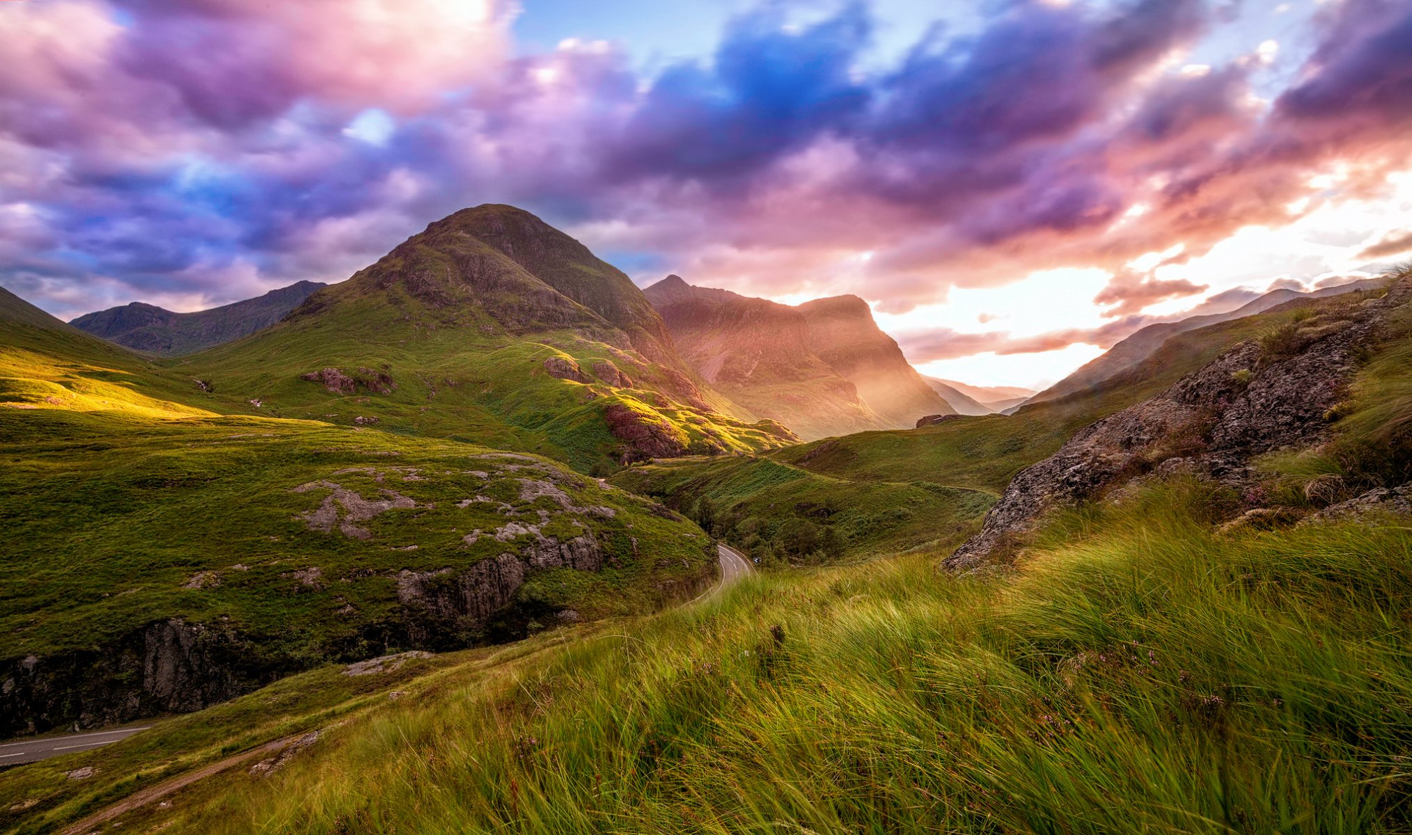 cotland highland valley glencoe mountain road summer august clouds sky