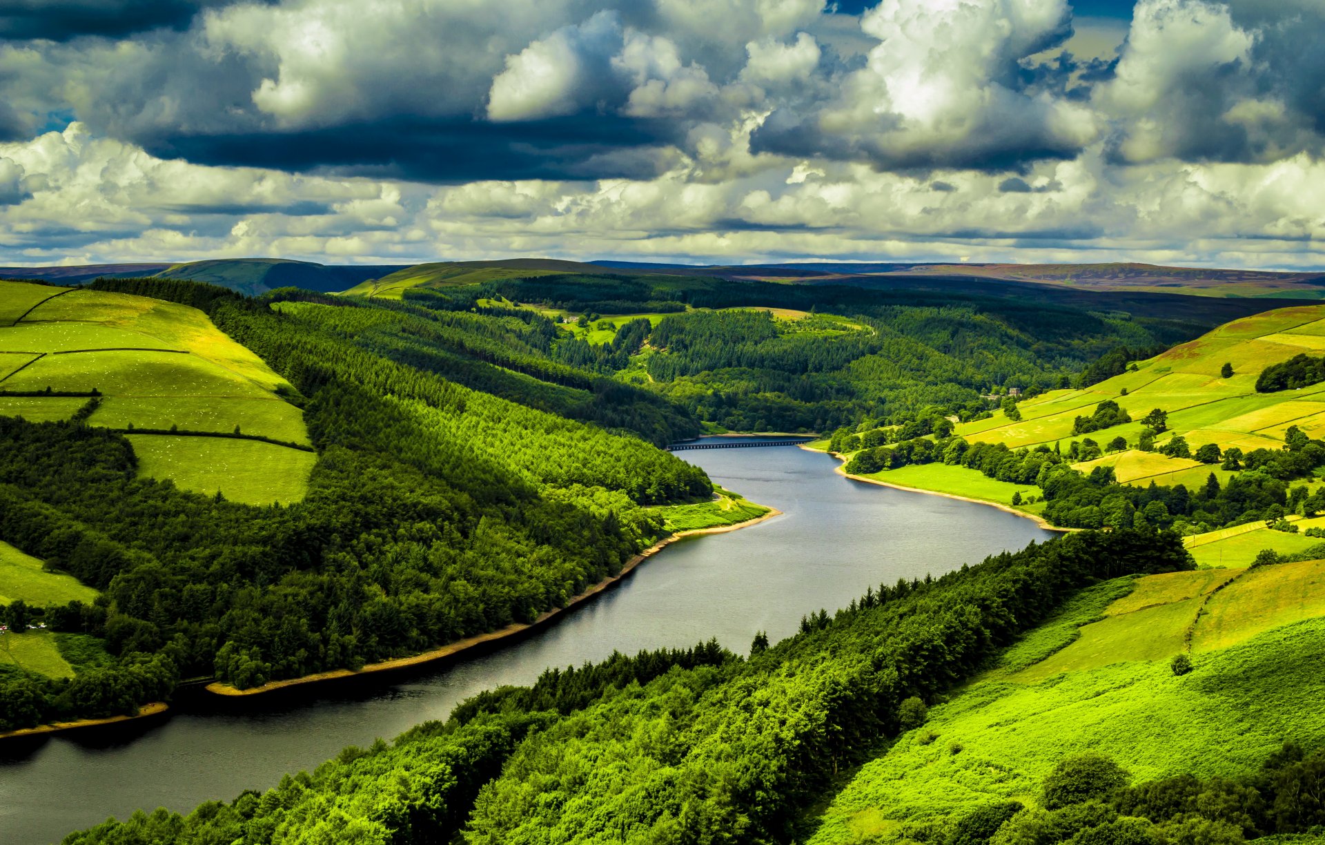 landschaft großbritannien fluss felder wald ladybower wolken natur foto