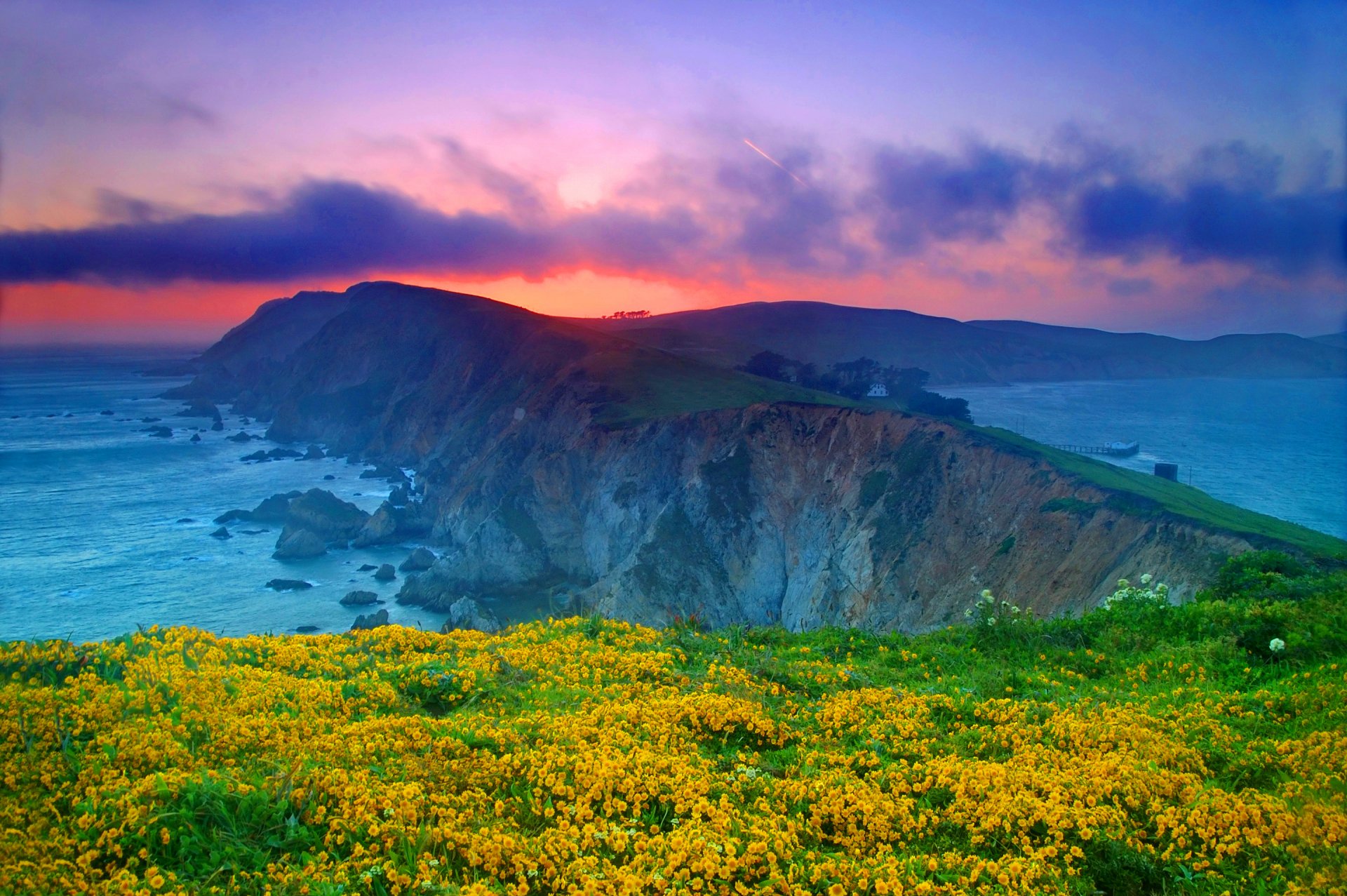 point reyes national seaside marin county kalifornien usa himmel wolken sonnenuntergang felsen meer ozean blumen