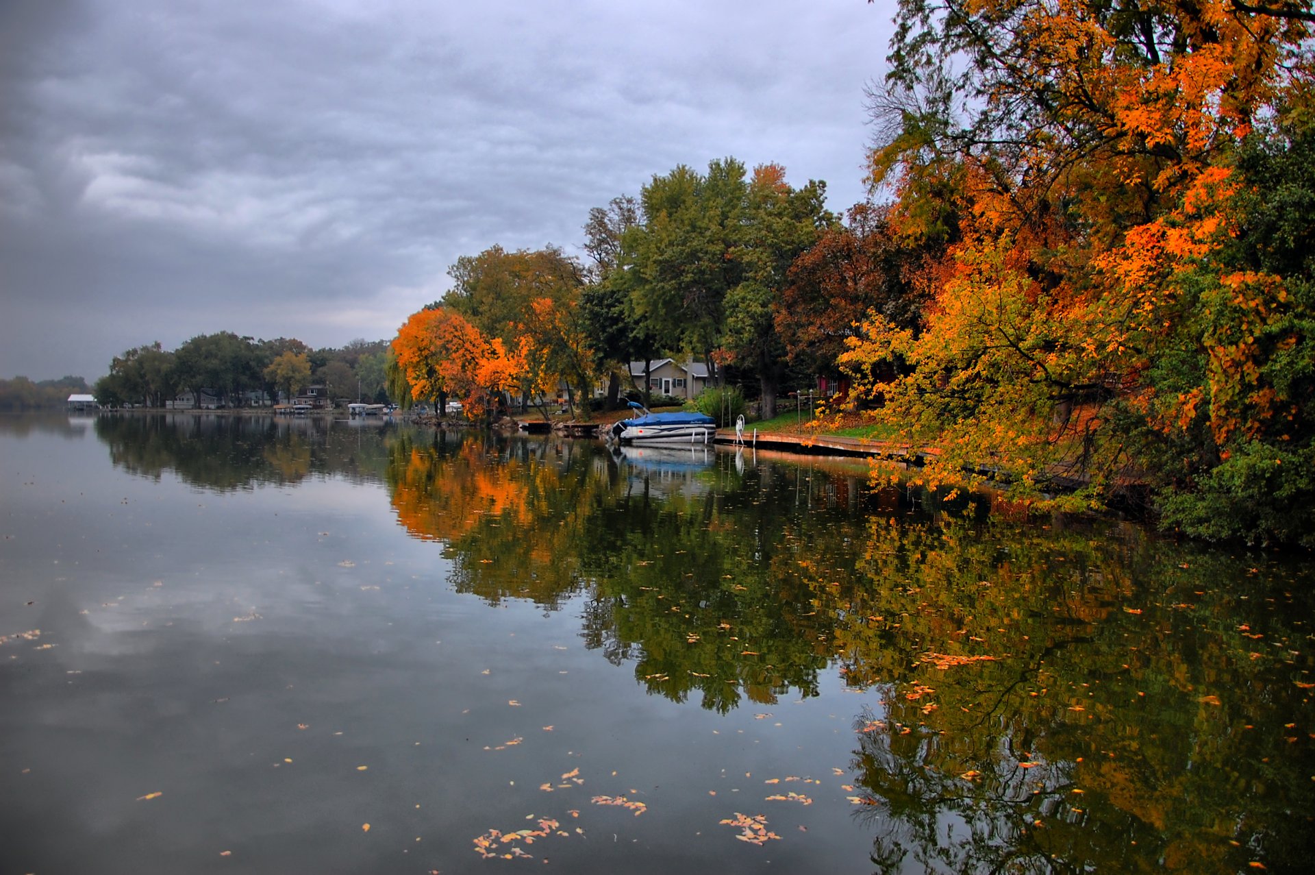 ky water tree autumn boat house leaves works river lake nature cloud