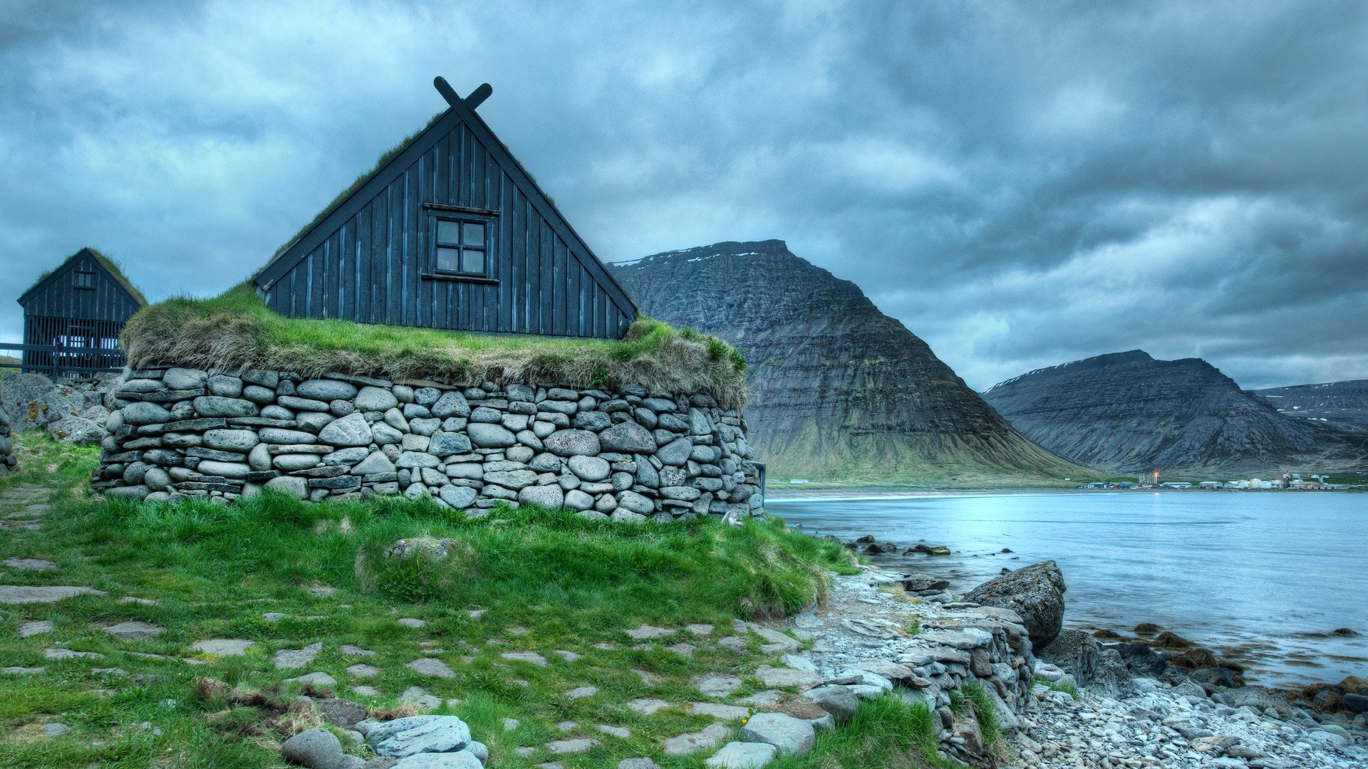 iceland sky clouds house mountain lake hdr