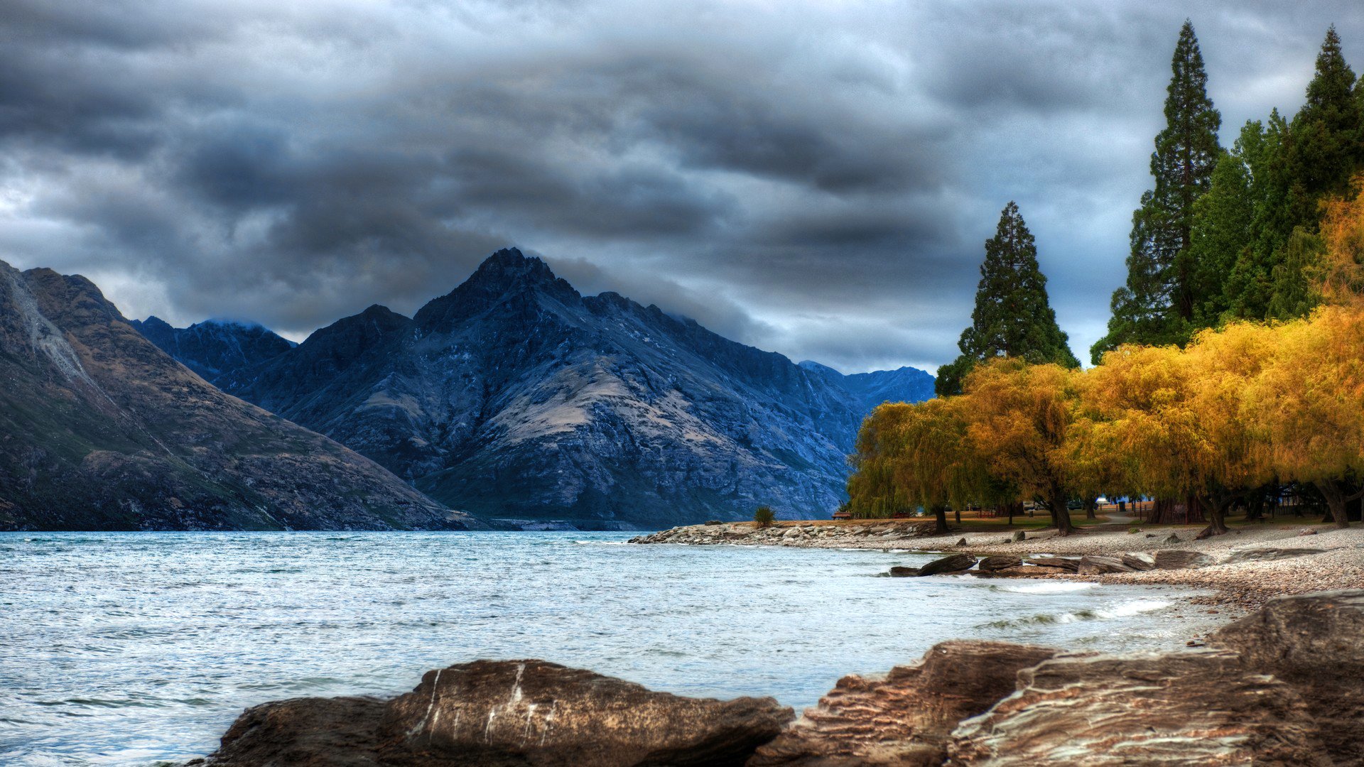 cielo nubes montañas lago árboles otoño hdr